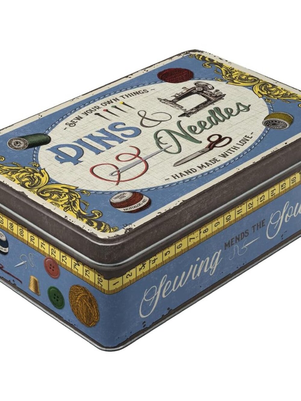Retro storage tin box flat, 84.5 oz, Pins & Needles Sewing Box – Gift idea for y